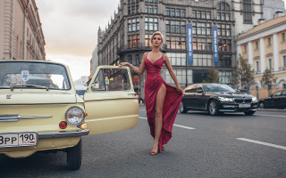 Woman red dress street city - a red dress free wallpaper for desktop