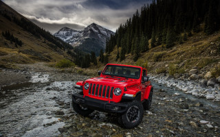 Red jeep mountains stream rocks - a red jeep free wallpaper