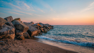 Beach rockwall surfboard sunset ocean - the rock free wallpaper