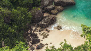 Beach water trees rocks people - adobe lightroom free wallpaper