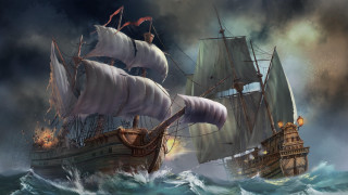 Pirate ship battle full moon - cyril rolando free wallpaper