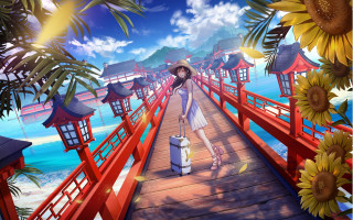 Woman bridge suitcase hat beach - rossdraw global illumination free wallpaper