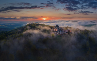 Castle hill fog trees sunset - magical atmosphere free wallpaper