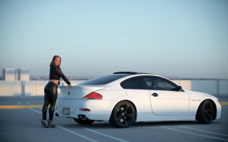 Woman white car parking lot - rim free wallpaper