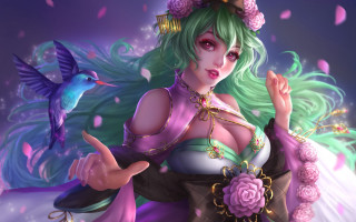 Woman bird blue rose cherry - above her head free wallpaper