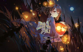 Girl pumpkin field moon stars 2 - a moon in the background free wallpaper