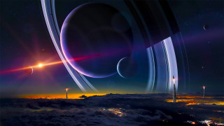 Saturn rings night plane window - sci fi free wallpaper