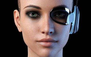 Futuristic woman eye patch cybernetics - les automatiste free wallpaper