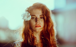 Freckled woman flower hair serious - art nouveau free wallpaper