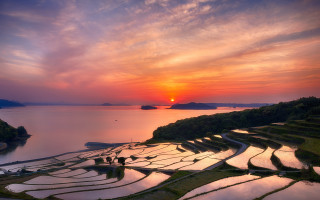 Sunset ricefield mountain water city - free summer wallpaper for desktop
