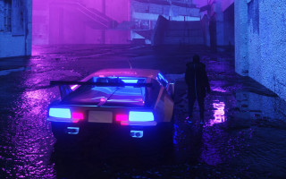 Futuristic car flooded city neon - area free wallpaper