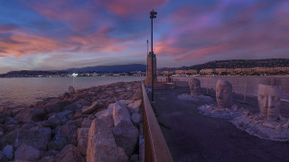 Sunset beach statues cityscape surrealist - statue free wallpaper