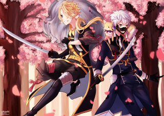 Anime characters forest pink flowers - the other holding free wallpaper for desktop