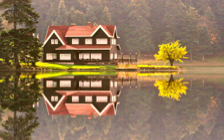 House lake forest autumn architecture - alena aenami free wallpaper