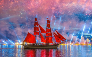 Red sailboat fireworks bridge mystical - andrey ryabovichev free wallpaper for desktop