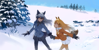 Anime characters walking snow trees - the ground behind them free wallpaper