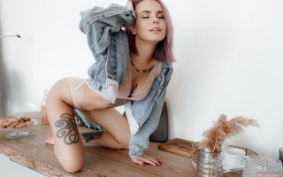 Pink haired tattooed woman art - grunge aesthetic free wallpaper for desktop