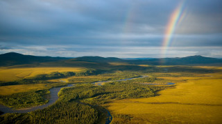 Rainbow field river mountains ecological - ecological art free wallpaper
