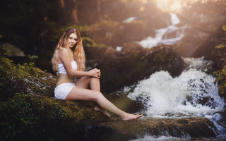 Woman sitting by waterfall forest - daphne mcclure free wallpaper for desktop