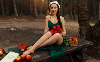 Woman bench apples flowers book - fashion photography free wallpaper