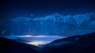 Mountain lake city night moon - a moon in the sky free wallpaper