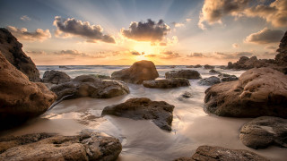 Sunset rocky beach cloudy sky 6 - rock and water free wallpaper for desktop