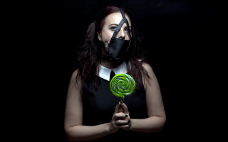 Woman gasmask lollipop portrait transgressive - studio portrait free wallpaper
