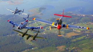 Three airplanes sky town lake - photograph free wallpaper