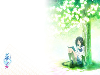 Girl sitting tree flowers book - a book in her hand free wallpaper