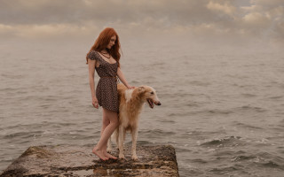 Woman dog beach cloudy sunset - aileen eagleton free wallpaper