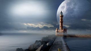 Lighthouse pier moonlit night clouds - a dark sky free wallpaper