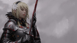 Woman armor sword flower clouds - art station free wallpaper