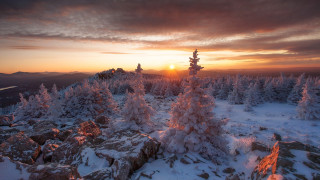 Sunset snowy mountain trees rocks - a sunset over a snowy mountain free wallpaper