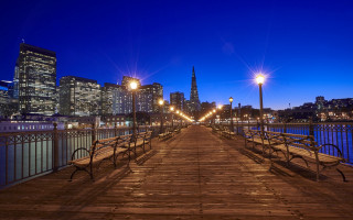 Wooden pier city lights night - night time in a city free wallpaper