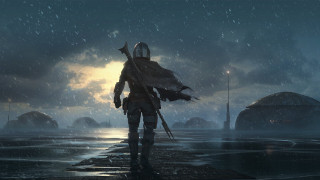 Man suit helmet pier rain - a man in a suit and helmet free wallpaper