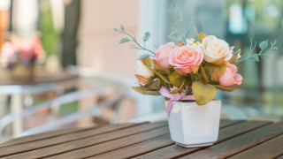 Vase flowers wooden table building - bracha l. ettinger free wallpaper