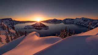 Sunset mountain lake snow trees - crepuscular ray free wallpaper