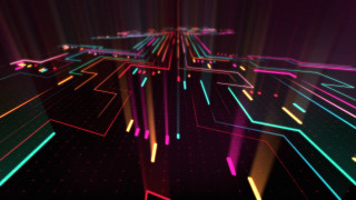 Futuristic colorful neon holography planet - line and dots free wallpaper for desktop