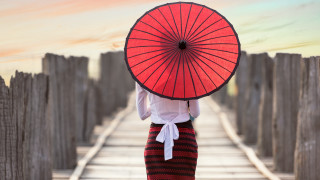 Woman red and black skirt - a wooden walkway free wallpaper for desktop