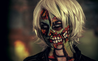 Zombie woman whitehair greeneyes blackjacket - makeup free wallpaper