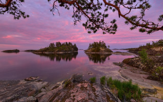 Sunset lake islands pink sky - a beautiful sunset over a lake free wallpaper