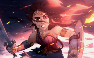 Woman flaming sword blood fire - rossdraw global illumination free wallpaper