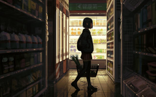 Grocery store woman cyberpunk cityscape - food free wallpaper