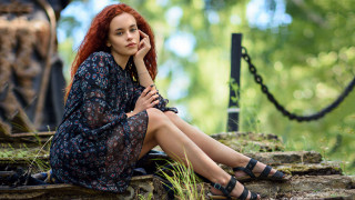 Red haired woman forest portrait - a rock in a forest free wallpaper