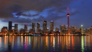 City skyline reflection night cloudy 2 - bruce munro free wallpaper
