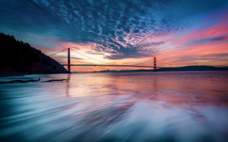 Sunset water bridge mountains lake - dennis ashbaugh free wallpaper