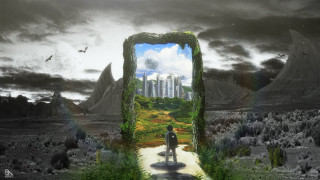 Man mirror city ruins bird - the doorway free wallpaper