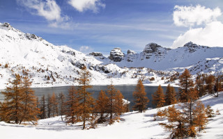 Mountain lake autumn forest snowy - panoramic view free wallpaper