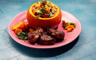 Plate meat vegetables blue table - meat and vegetables free wallpaper