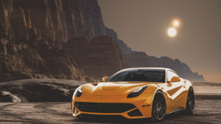 Yellow sports car mountain sunset 2 - the rock free wallpaper
